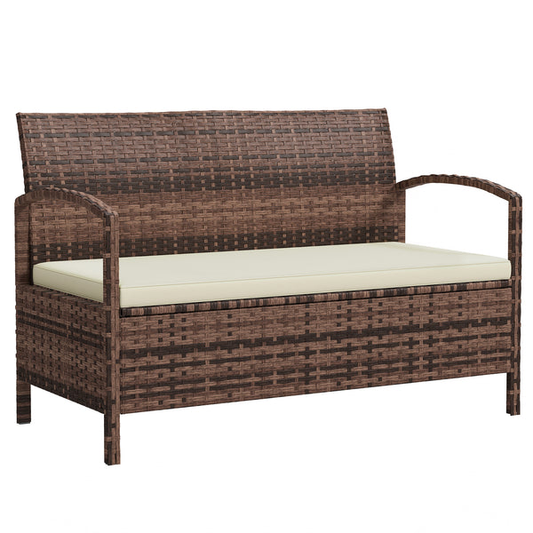 Garden Storage Bench with 125L Capacity, 2 Seater PE Rattan Garden Bench with Storage, Cushion, Wicker Outdoor Bench Loveseat with Steel Frame for Patio, Brown