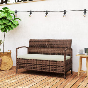 Garden Storage Bench with 125L Capacity, 2 Seater PE Rattan Garden Bench with Storage, Cushion, Wicker Outdoor Bench Loveseat with Steel Frame for Patio, Brown