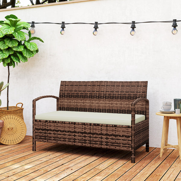 Garden Storage Bench with 125L Capacity, 2 Seater PE Rattan Garden Bench with Storage, Cushion, Wicker Outdoor Bench Loveseat with Steel Frame for Patio, Brown