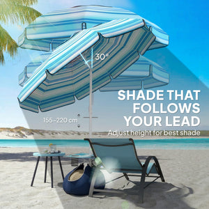 6 ft Portable Beach Umbrella with Foldable Table, Cup Holders, Tilting Outdoor Sun Shade with Sand Anchor, Sandbag, Adjustable Height, Carry Bag, UV Protection, Dark Blue