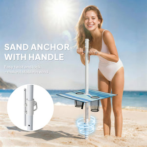 6 ft Portable Beach Umbrella with Foldable Table, Cup Holders, Tilting Outdoor Sun Shade with Sand Anchor, Sandbag, Adjustable Height, Carry Bag, UV Protection, Dark Blue