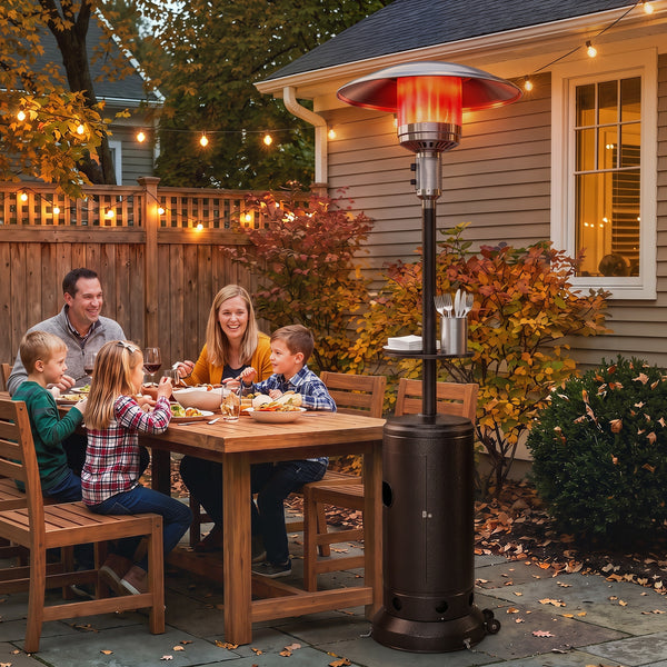 Gas Patio Heater with Table Tray, 13 kW Portable Propane Outdoor Heater with Stepless Heat Control, Piezo Ignition, Tip-over Protection, 2 Wheels for Garden, Brown