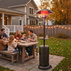 Gas Patio Heater with Table Tray, 13 kW Portable Propane Outdoor Heater with Stepless Heat Control, Piezo Ignition, Tip-over Protection, 2 Wheels for Garden, Brown