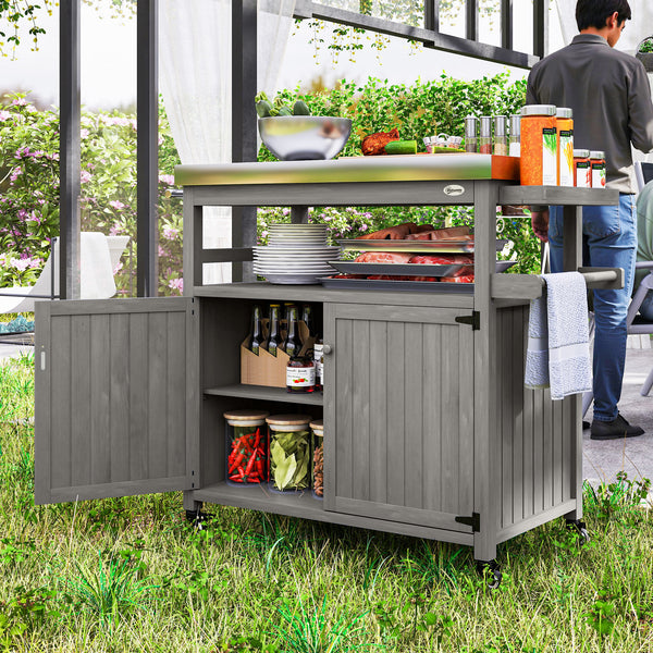 Outsunny Outdoor Grill Cart with Wheels and Storage, Solid Wood Outdoor Kitchen Island with Stainless Steel Top, Movable Bar Cart with Spice Rack, Side Handle, Integrated Hole for BBQ, Gray