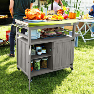 Outsunny Outdoor Grill Cart with Wheels and Storage, Solid Wood Outdoor Kitchen Island with Stainless Steel Top, Movable Bar Cart with Spice Rack, Side Handle, Integrated Hole for BBQ, Gray