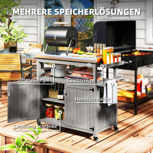 Outsunny Outdoor Grill Cart with Wheels and Storage, Solid Wood Outdoor Kitchen Island with Stainless Steel Top, Movable Bar Cart with Spice Rack, Side Handle, Integrated Hole for BBQ, Gray