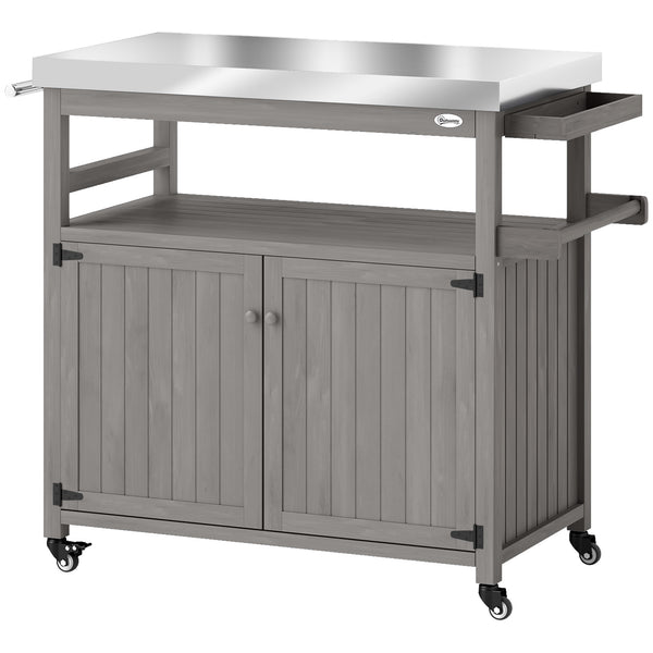 Outsunny Outdoor Grill Cart with Wheels and Storage, Solid Wood Outdoor Kitchen Island with Stainless Steel Top, Movable Bar Cart with Spice Rack, Side Handle, Integrated Hole for BBQ, Gray