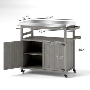 Outsunny Outdoor Grill Cart with Wheels and Storage, Solid Wood Outdoor Kitchen Island with Stainless Steel Top, Movable Bar Cart with Spice Rack, Side Handle, Integrated Hole for BBQ, Gray