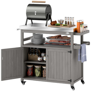 Outsunny Outdoor Grill Cart with Wheels and Storage, Solid Wood Outdoor Kitchen Island with Stainless Steel Top, Movable Bar Cart with Spice Rack, Side Handle, Integrated Hole for BBQ, Gray