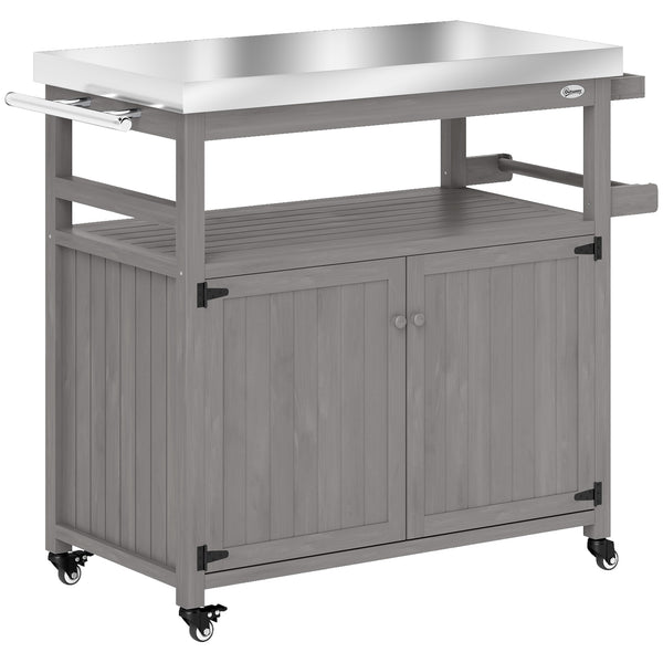 Outsunny Outdoor Grill Cart with Wheels and Storage, Solid Wood Outdoor Kitchen Island with Stainless Steel Top, Movable Bar Cart with Spice Rack, Side Handle, Integrated Hole for BBQ, Gray