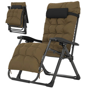 Reclining Zero Gravity Chair with Adjustable Backrest, Folding Garden Sun Lounger, Outdoor Recliner with Removable Cushion and Headrest, Khaki