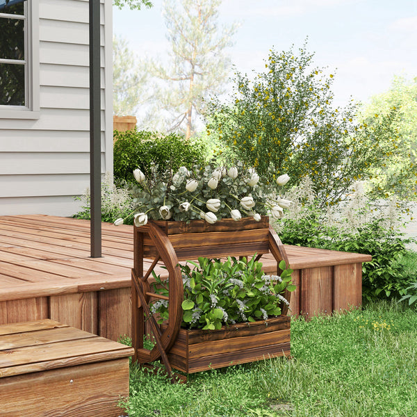 Outsunny 2-Tier Raised Garden Bed, Wooden Wagon Planter Boxes with Drainage Holes, for Vegetables Flowers Herbs, 22" x 13" x 22"