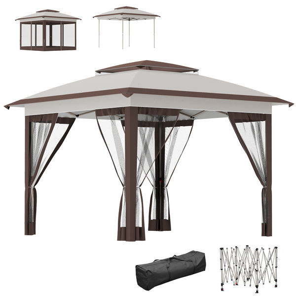 12' x 12' Pop Up Canopy Sun Shade Instant Tent Folding with Mesh Sidewalls, 3-Level Adjustable Height and Storage Bag, Beige and Dark Brown