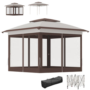 12' x 12' Pop Up Canopy Sun Shade Instant Tent Folding with Mesh Sidewalls, 3-Level Adjustable Height and Storage Bag, Beige and Dark Brown