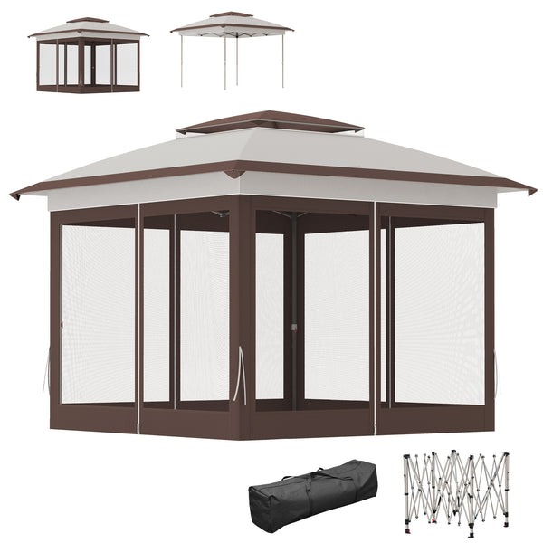 12' x 12' Pop Up Canopy Sun Shade Instant Tent Folding with Mesh Sidewalls, 3-Level Adjustable Height and Storage Bag, Beige and Dark Brown
