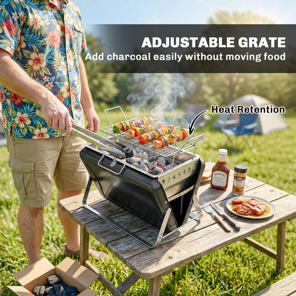 Portable BBQ Grill, Folding Charcoal Barbecue Grill with Handle and Foldable Legs for Camping Garden Outdoor Cooking, Black