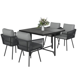 5 Piece Rattan Garden Furniture Set, Garden Dining Set with Wood-Plastic Table and 4 Stackable Chairs, Rattan Table and Chairs with 4 Cushions for Patio, Terrace, Light Grey