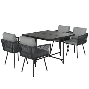 5 Piece Rattan Garden Furniture Set, Garden Dining Set with Wood-Plastic Table and 4 Stackable Chairs, Rattan Table and Chairs with 4 Cushions for Patio, Terrace, Light Grey