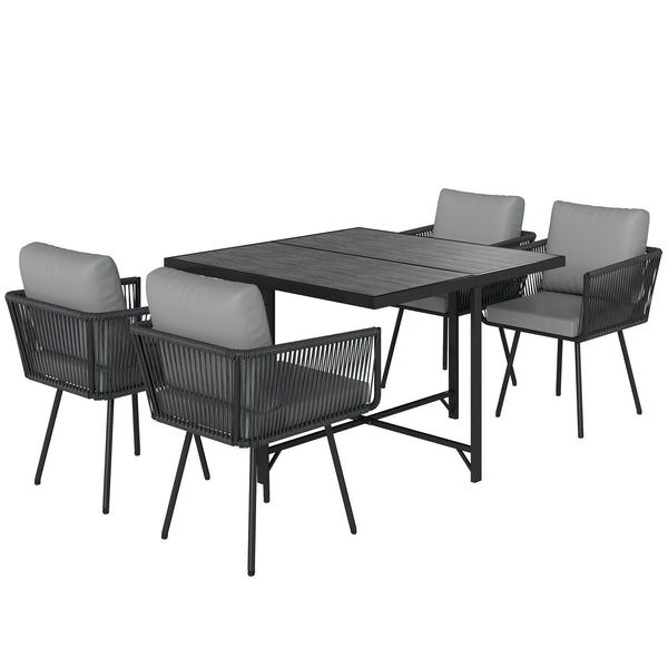 5 Piece Rattan Garden Furniture Set, Garden Dining Set with Wood-Plastic Table and 4 Stackable Chairs, Rattan Table and Chairs with 4 Cushions for Patio, Terrace, Light Grey