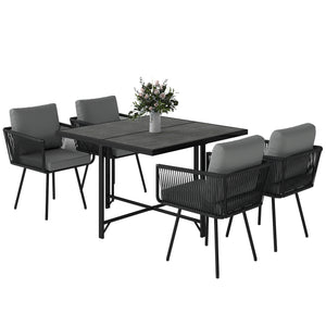 5 Piece Rattan Garden Furniture Set, Garden Dining Set with Wood-Plastic Table and 4 Stackable Chairs, Rattan Table and Chairs with 4 Cushions for Patio, Terrace, Light Grey