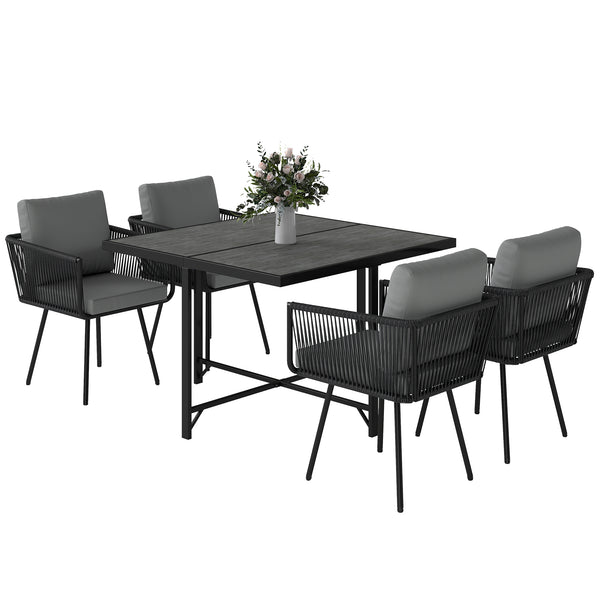 5 Piece Rattan Garden Furniture Set, Garden Dining Set with Wood-Plastic Table and 4 Stackable Chairs, Rattan Table and Chairs with 4 Cushions for Patio, Terrace, Light Grey