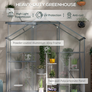 6 x 2.5ft Polycarbonate Greenhouse, Walk-In Green House with Sliding Door, 5-Level Roof Vent, Rain Gutter, Garden Plants Grow House with Aluminium Frame and Foundation, Dark Grey