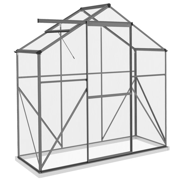 6 x 2.5ft Polycarbonate Greenhouse, Walk-In Green House with Sliding Door, 5-Level Roof Vent, Rain Gutter, Garden Plants Grow House with Aluminium Frame and Foundation, Dark Grey
