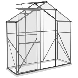 6 x 2.5ft Polycarbonate Greenhouse, Walk-In Green House with Sliding Door, 5-Level Roof Vent, Rain Gutter, Garden Plants Grow House with Aluminium Frame and Foundation, Dark Grey