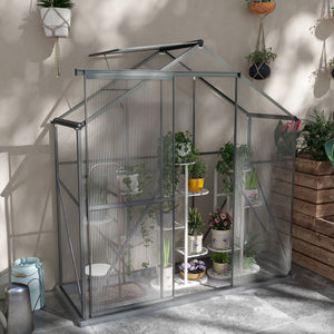 6 x 2.5ft Polycarbonate Greenhouse, Walk-In Green House with Sliding Door, 5-Level Roof Vent, Rain Gutter, Garden Plants Grow House with Aluminium Frame and Foundation, Dark Grey