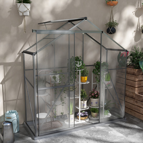 6 x 2.5ft Polycarbonate Greenhouse, Walk-In Green House with Sliding Door, 5-Level Roof Vent, Rain Gutter, Garden Plants Grow House with Aluminium Frame and Foundation, Dark Grey