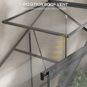 6 x 2.5ft Polycarbonate Greenhouse, Walk-In Green House with Sliding Door, 5-Level Roof Vent, Rain Gutter, Garden Plants Grow House with Aluminium Frame and Foundation, Dark Grey