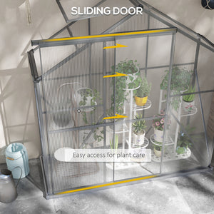 6 x 2.5ft Polycarbonate Greenhouse, Walk-In Green House with Sliding Door, 5-Level Roof Vent, Rain Gutter, Garden Plants Grow House with Aluminium Frame and Foundation, Dark Grey