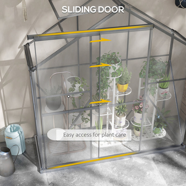 6 x 2.5ft Polycarbonate Greenhouse, Walk-In Green House with Sliding Door, 5-Level Roof Vent, Rain Gutter, Garden Plants Grow House with Aluminium Frame and Foundation, Dark Grey