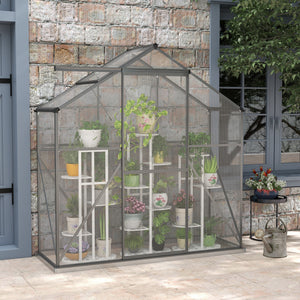 6 x 2.5ft Polycarbonate Greenhouse, Walk-In Green House with Sliding Door, 5-Level Roof Vent, Rain Gutter, Garden Plants Grow House with Aluminium Frame and Foundation, Dark Grey