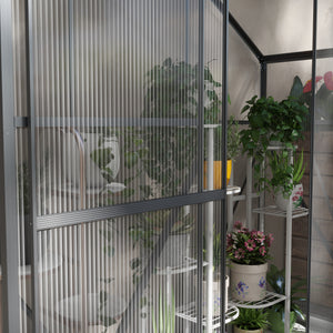 6 x 2.5ft Polycarbonate Greenhouse, Walk-In Green House with Sliding Door, 5-Level Roof Vent, Rain Gutter, Garden Plants Grow House with Aluminium Frame and Foundation, Dark Grey