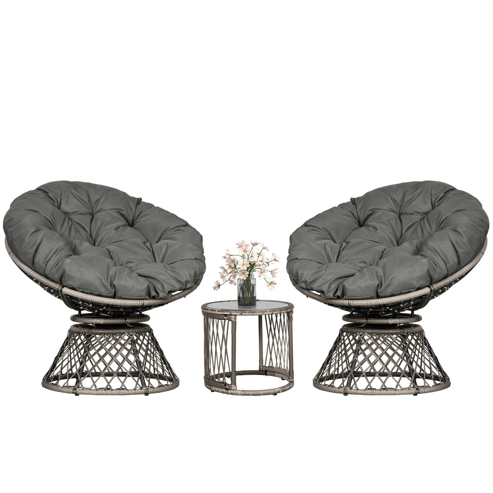 3 Pieces Rattan Bistro Set, Wicker Garden Furniture Set with Swivel Chairs, Glass Top Coffee Table and Thickened Cushions, for Outdoor Patio Balcony