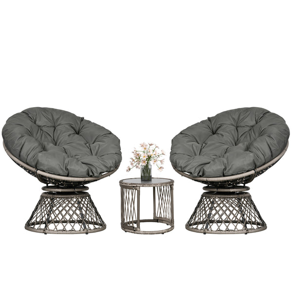 3 Pieces Rattan Bistro Set, Wicker Garden Furniture Set with Swivel Chairs, Glass Top Coffee Table and Thickened Cushions, for Outdoor Patio Balcony