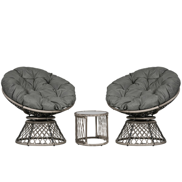 3 Pieces Rattan Bistro Set, Wicker Garden Furniture Set with Swivel Chairs, Glass Top Coffee Table and Thickened Cushions, for Outdoor Patio Balcony