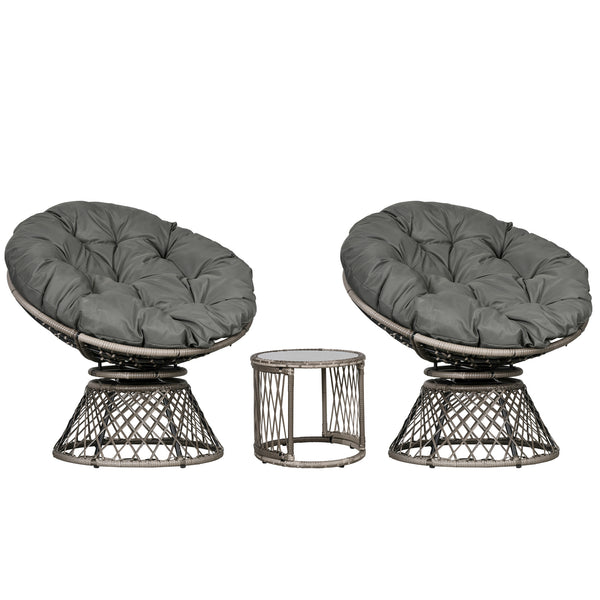3 Pieces Rattan Bistro Set, Wicker Garden Furniture Set with Swivel Chairs, Glass Top Coffee Table and Thickened Cushions, for Outdoor Patio Balcony