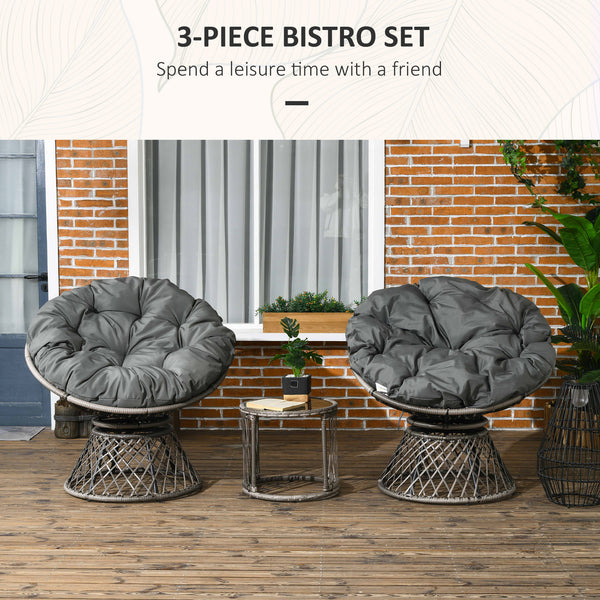 3 Pieces Rattan Bistro Set, Wicker Garden Furniture Set with Swivel Chairs, Glass Top Coffee Table and Thickened Cushions, for Outdoor Patio Balcony