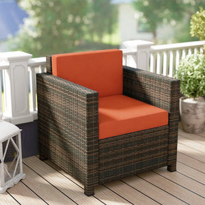 Single Seater Rattan Chair, PE Wicker Garden Armchair with 10 cm Thickened Cushion, All-Weather Rattan Garden Chair with Armrests, Mixed Brown/Orange