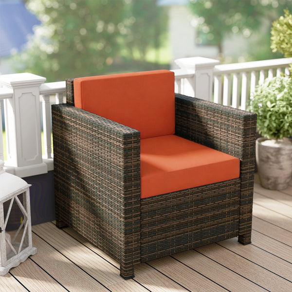 Single Seater Rattan Chair, PE Wicker Garden Armchair with 10 cm Thickened Cushion, All-Weather Rattan Garden Chair with Armrests, Mixed Brown/Orange