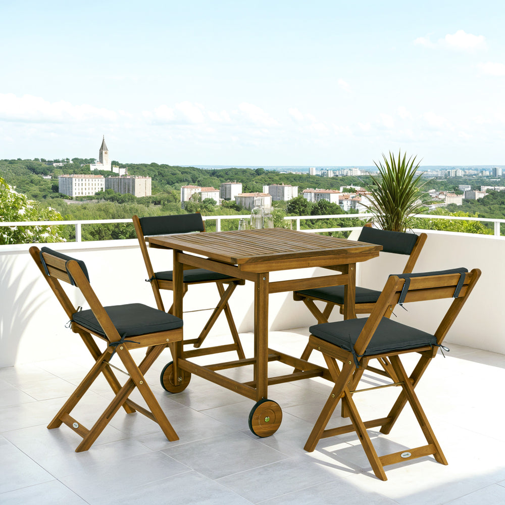 5 Pieces Patio Dining Set for 4, Wheeled Table and Folding Chairs with Cushions, Wood Patio Table and Chairs, Outdoor Furniture Set for Garden Backyard Poolside, Teak
