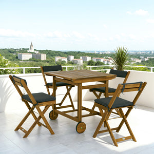 5 Pieces Patio Dining Set for 4, Wheeled Table and Folding Chairs with Cushions, Wood Patio Table and Chairs, Outdoor Furniture Set for Garden Backyard Poolside, Teak