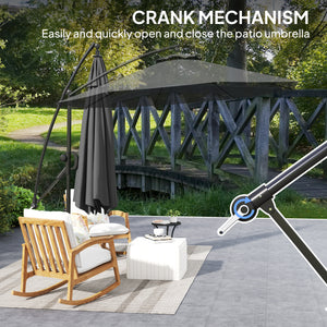 118.1" Patio Offset Umbrella with Cover and Wind Protection Strap, Round Overhanging Umbrella with Crank Handle and Tilt for Outdoor Sun Shade, UPF50+, Grey