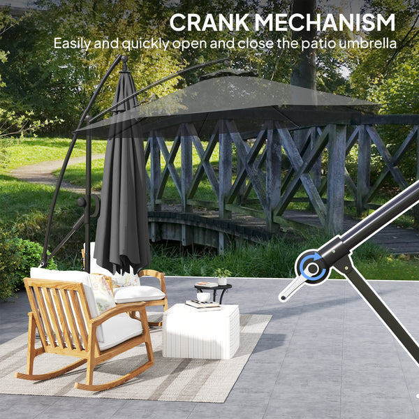 118.1" Patio Offset Umbrella with Cover and Wind Protection Strap, Round Overhanging Umbrella with Crank Handle and Tilt for Outdoor Sun Shade, UPF50+, Grey