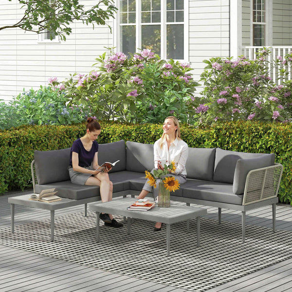 3 Piece L Shaped Rattan Garden Furniture Set, 4 Seater Wicker Outdoor Corner Sofa Set with 2 Loveseats, Wide and Deep Seating, Acacia Wood Top Coffee Table and Thick Cushions, Grey