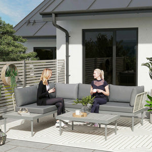 3 Piece L Shaped Rattan Garden Furniture Set, 4 Seater Wicker Outdoor Corner Sofa Set with 2 Loveseats, Wide and Deep Seating, Acacia Wood Top Coffee Table and Thick Cushions, Grey