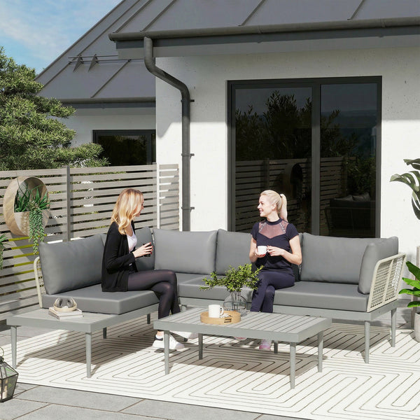 3 Piece L Shaped Rattan Garden Furniture Set, 4 Seater Wicker Outdoor Corner Sofa Set with 2 Loveseats, Wide and Deep Seating, Acacia Wood Top Coffee Table and Thick Cushions, Grey