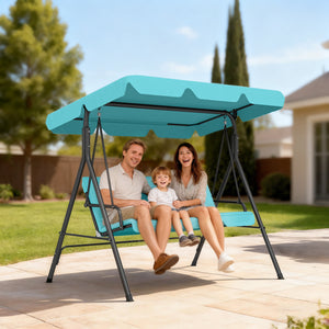 3 Seater Swing Chair with Adjustable Canopy, Garden Swing Seat with Steel Frame, Padded Seat, Blue